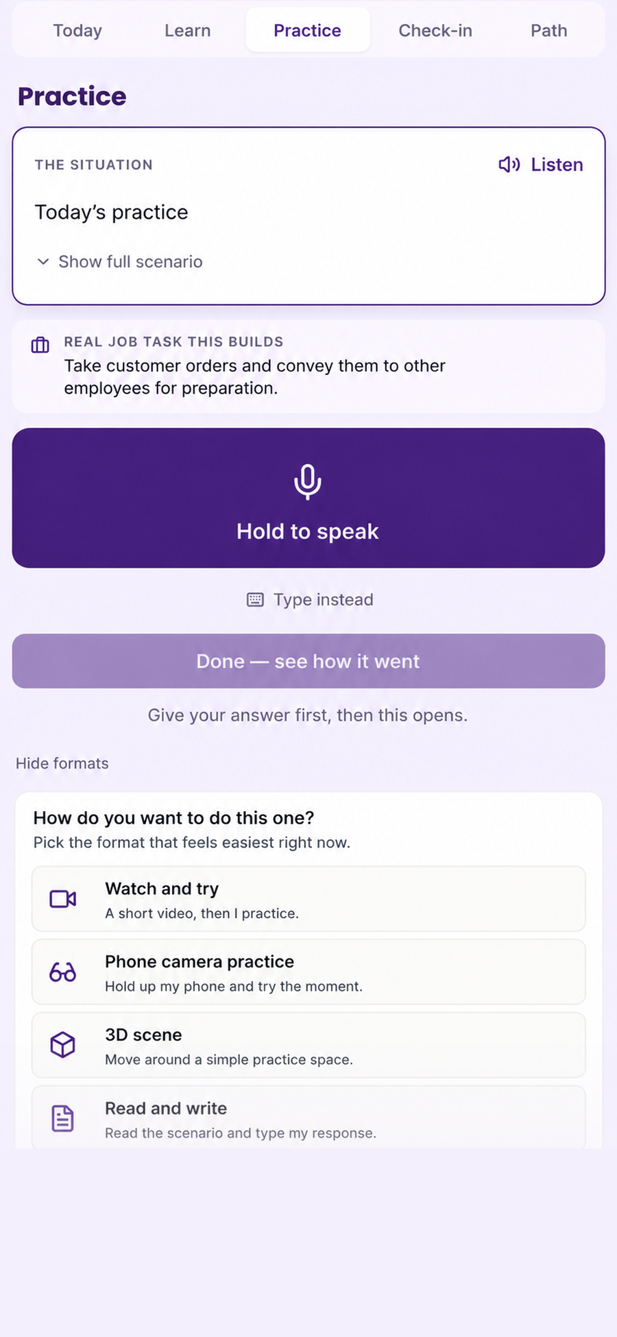 Rebral Learn Practice screen showing a workplace scenario with hold to speak