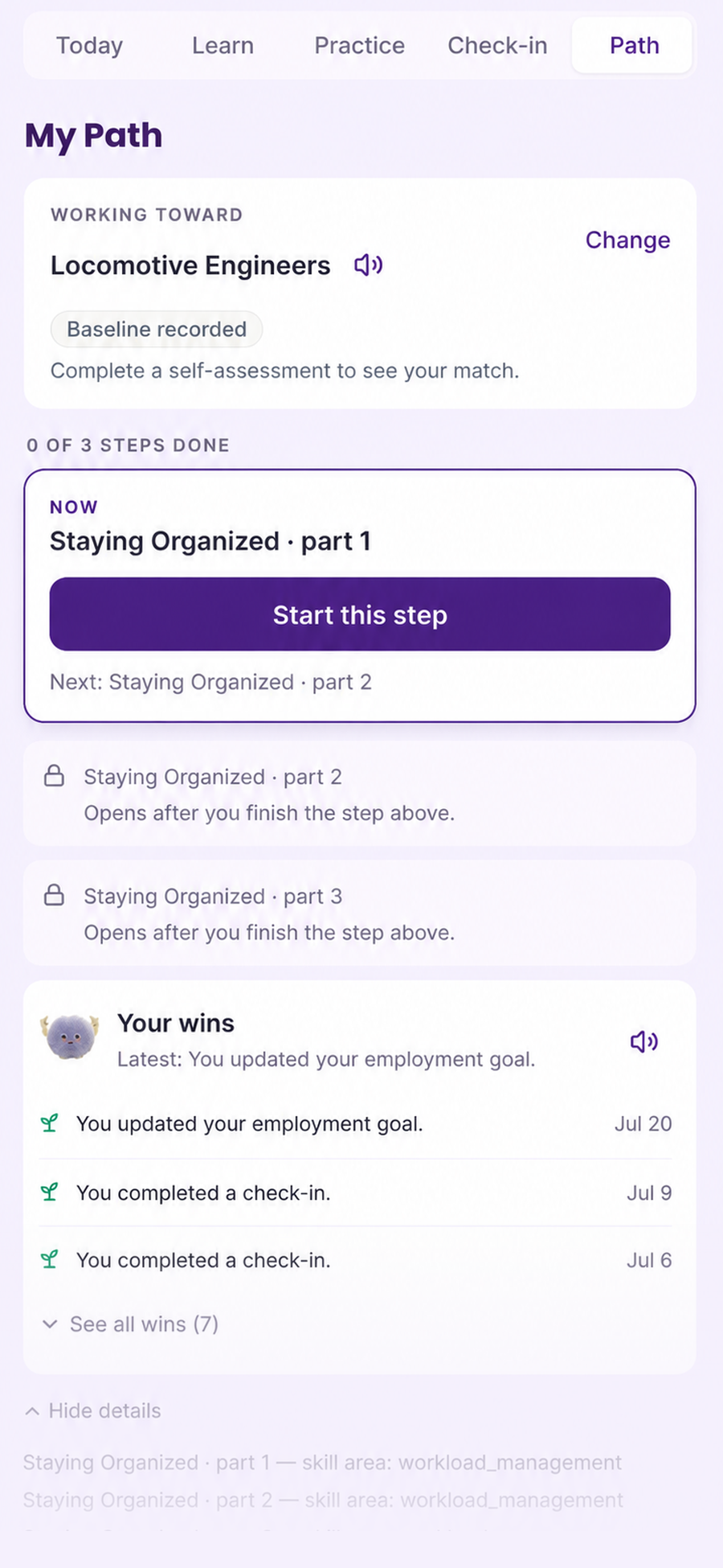 Rebral Learn My Path screen showing steps and wins
