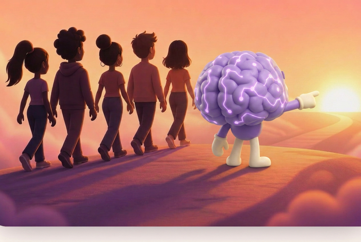 Rebral leading a diverse group of young adults walking toward a warm sunrise